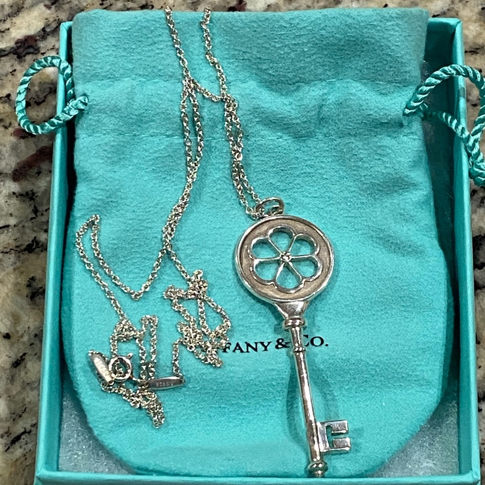 Tiffany & Co sterling diamond blossom key necklace